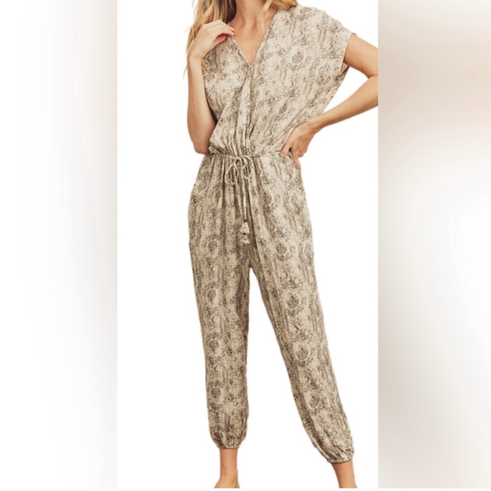 Vici Tan Jumpsuit with V-Neck and Tie Detail
